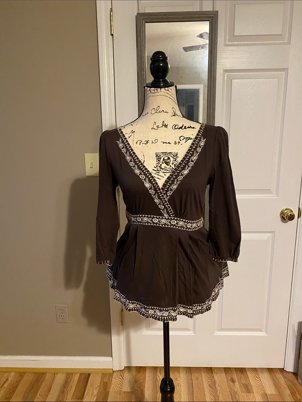 American Rag Brown Embroidered V-Neck Peplum Blouse